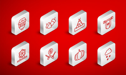 Set line Cloud with snow, Acorn, Indian teepee wigwam, Pennant Canada, Pumpkin, Hockey helmet, Curling sport game and Ferris wheel icon. Vector