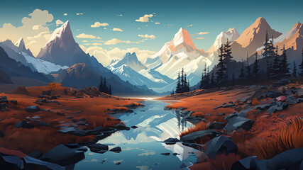 Minimalist pixel art featuring a mountain reflected in water, utilizing simplicity to convey a tranquil scene.