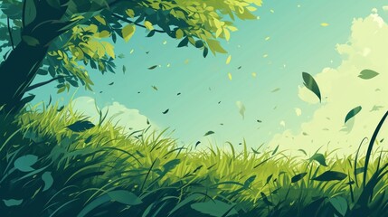 Fototapeta na wymiar Beautiful summer landscape with grass and blue sky. illustration. Generative AI