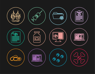 Set line Crossed bones, Clinical record dog laptop, Medical veterinary folder, Cat medicine bottle, certificate for cat, Paw print, pet monitor and Syringe with vaccine icon. Vector