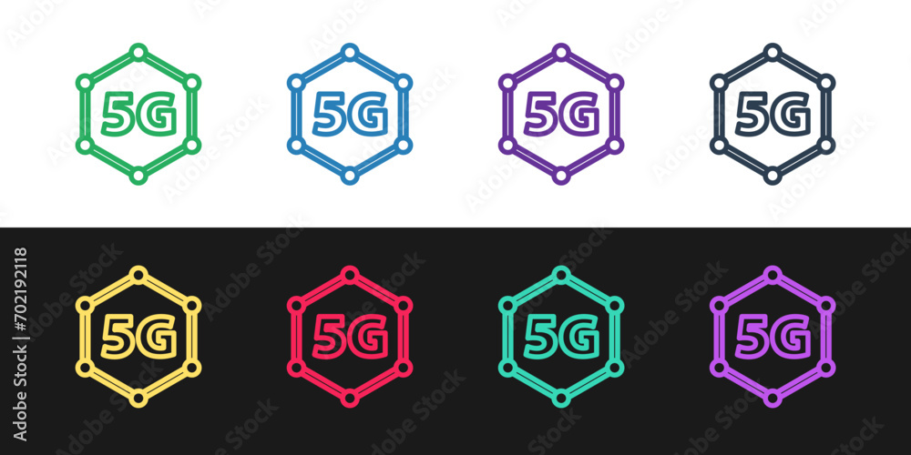 Poster set line 5g new wireless internet wifi connection icon isolated on black and white background. globa