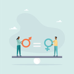 Gender equality concept. The man and woman with the symbol on the scale feel equally discriminated against. Modern flat vector illustration.
