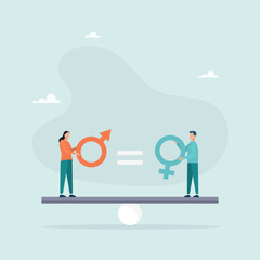 Gender equality concept. The man and woman with the symbol on the scale feel equally discriminated against. Modern flat vector illustration.
