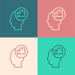 Pop art line Head with camera icon isolated on color background. Video camera. Movie sign. Film projector.  Vector