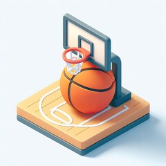 3D icon of a basketball hoop and a ball in isometric style on a white background