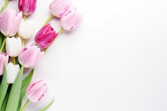 beautiful tulips white and pink on white background, flat lay and copy space - generative ai