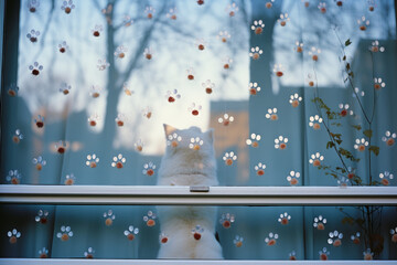 Whimsical image of paw prints on a window pane, suggesting the curiosity and playfulness of pets exploring their surroundings.