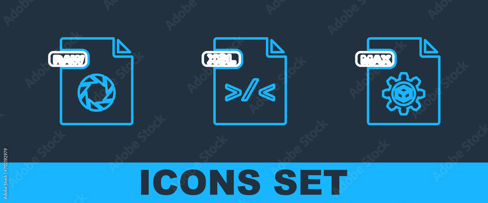 Poster set line max file document, raw and xsl icon. vector