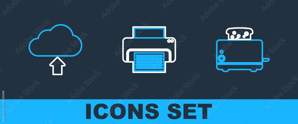 Poster set line toaster with toasts, cloud upload and printer icon. vector
