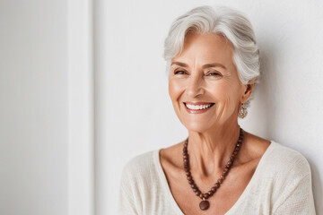 Portrait of beautiful older woman smiling and standing by white wall. A place for text, a banner for advertising.