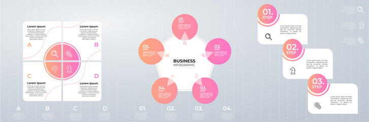 Modern infographic template with 5 successive stages of the business project development process. Minimal infographic design template. Modern flat vector illustration for data visualization.