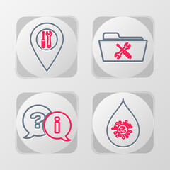 Set line Dirty water drop, Question and Exclamation, Folder service and Location icon. Vector