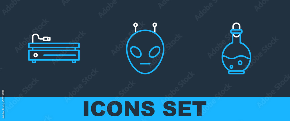 Poster set line bottle with magic elixir, video game console and alien icon. vector
