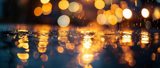 Glowing glow of golden lights in a foggy city night. Abstract background of blurred city with...