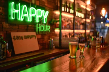 Acrylglasbilder Bar Bar Scene: Green Neon Happy Hour Sign  © Andrii 