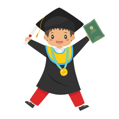 Happy little boy student graduate from school character vector. Indonesia elementary school boy wearing graduation hat and gown, jumping and holding a graduation diploma and certificate tube.