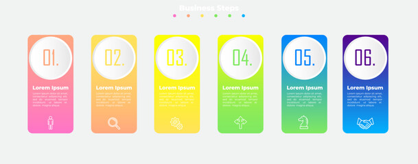 Vector infographics of 6 colorful stages to achieving success for website design, presentations. Modern office data illustration design.  Modern chart design. Simple infographic design template. 