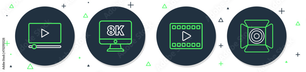 Poster Set line Monitor with 8k, Play Video, Online play video and Movie spotlight icon. Vector