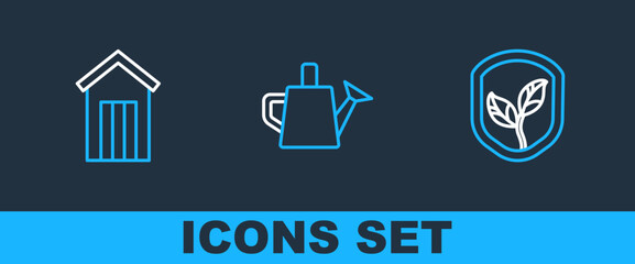 Set line Shield with leaf, Wooden outdoor toilet and Watering can icon. Vector