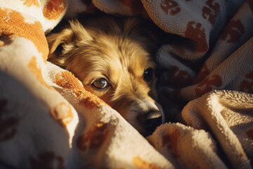 Intimate and heartwarming image of a dog's ear shadow on a cozy blanket, emphasizing the comfort and companionship of pets.