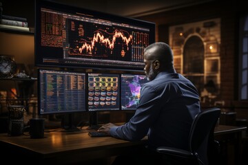 Fototapeta premium Businessman making investment decisions based on real-time financial information on a digital display, Generative AI