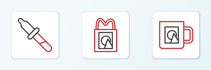 Set line Coffee cup, Pipette and Paper shopping bag icon. Vector