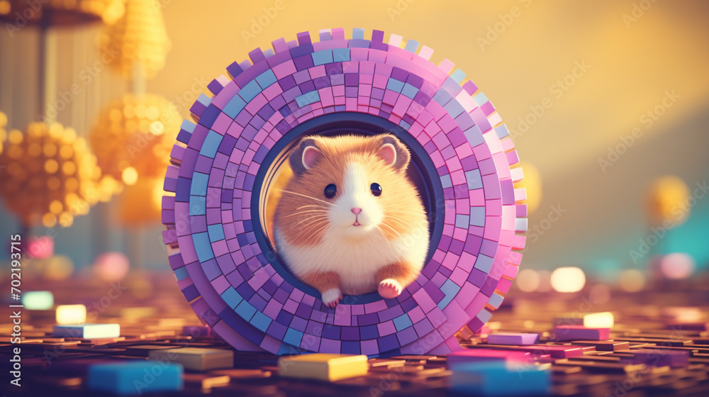 Poster wholesome pixel art showcasing a hamster energetically running on a pixelated wheel, infusing retro 