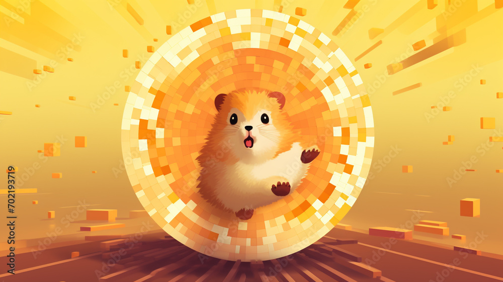 Poster wholesome pixel art showcasing a hamster energetically running on a pixelated wheel, infusing retro 