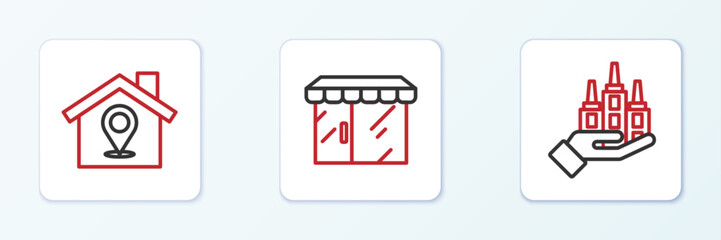 Set line Skyscraper, Location with house and Market store icon. Vector