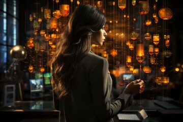 Businesswoman calculating financial growth and profit margins on a digital interface, Generative AI - obrazy, fototapety, plakaty