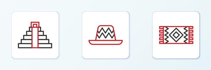Set line Mexican carpet, Chichen Itza in Mayan and sombrero icon. Vector