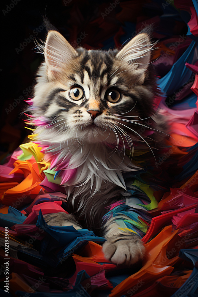 Fototapete Whimsical pixel art of a kitten playing with pixelated yarn, capturing the playful essence of feline antics in retro style.