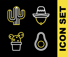 Set line Mexican sombrero, Avocado fruit, Cactus or succulent in pot and  icon. Vector