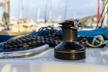 Yacht winch without rope on sailing boat. Yachting concept.