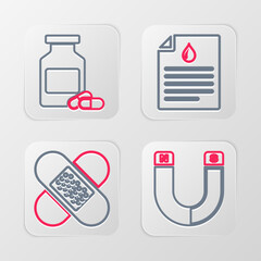 Set line Magnet, Crossed bandage plaster, Clipboard with blood test and Medicine bottle pills icon. Vector