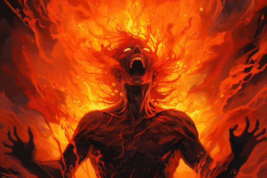 Illustration of sin Wrath: Fiery figure engulfed in flames, vivid red and orange hues