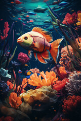 Fototapeta na wymiar Colorful pixel art of tropical fish swimming in a pixelated tank, creating a visually vibrant retro aquatic scene.