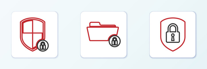 Set line Shield security with lock,  and Folder and icon. Vector
