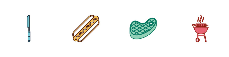 Set Barbecue knife, Hotdog sandwich, Steak meat and grilled shish kebab icon. Vector