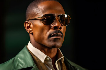 Obraz premium Middle-aged African American man in his 40s sporting classic aviator sunglasses with a gold frame and dark green lenses, emphasizing the timeless design