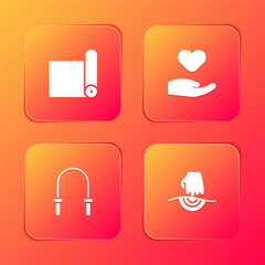 Set Fitness mat roll, Heart in hand, Jump rope and Massage icon. Vector