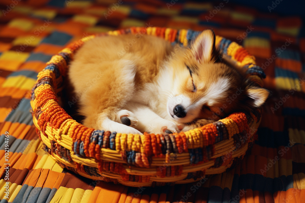 Aufkleber serene pixel art of a puppy taking a nap in a pixelated basket, radiating retro canine tranquility.