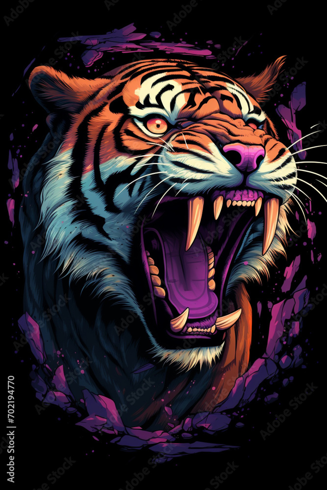 Poster dynamic pixel art capturing the powerful roar of a tiger, reminiscent of classic video game graphics