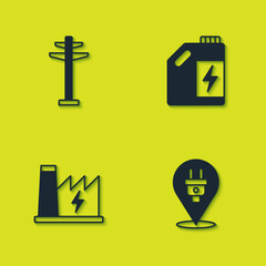 Set Electric tower, plug, Nuclear power plant and Eco fuel canister icon. Vector