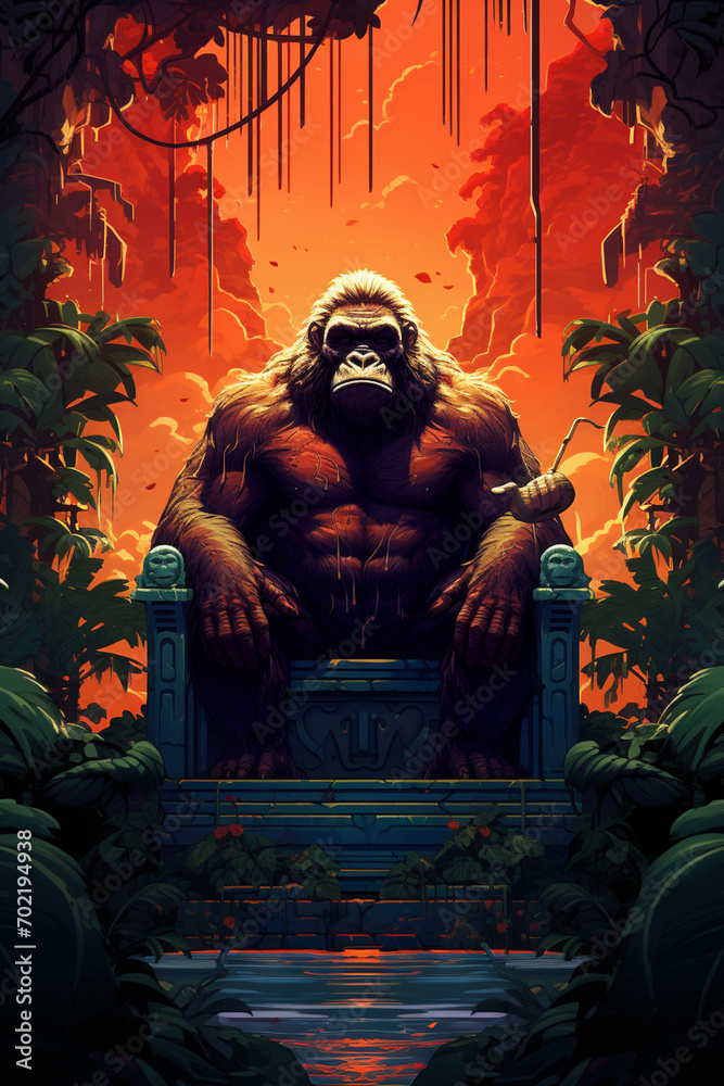 Leinwandbilder majestic pixel art of a gorilla on a throne in a pixelated jungle, blending regality with retro grap