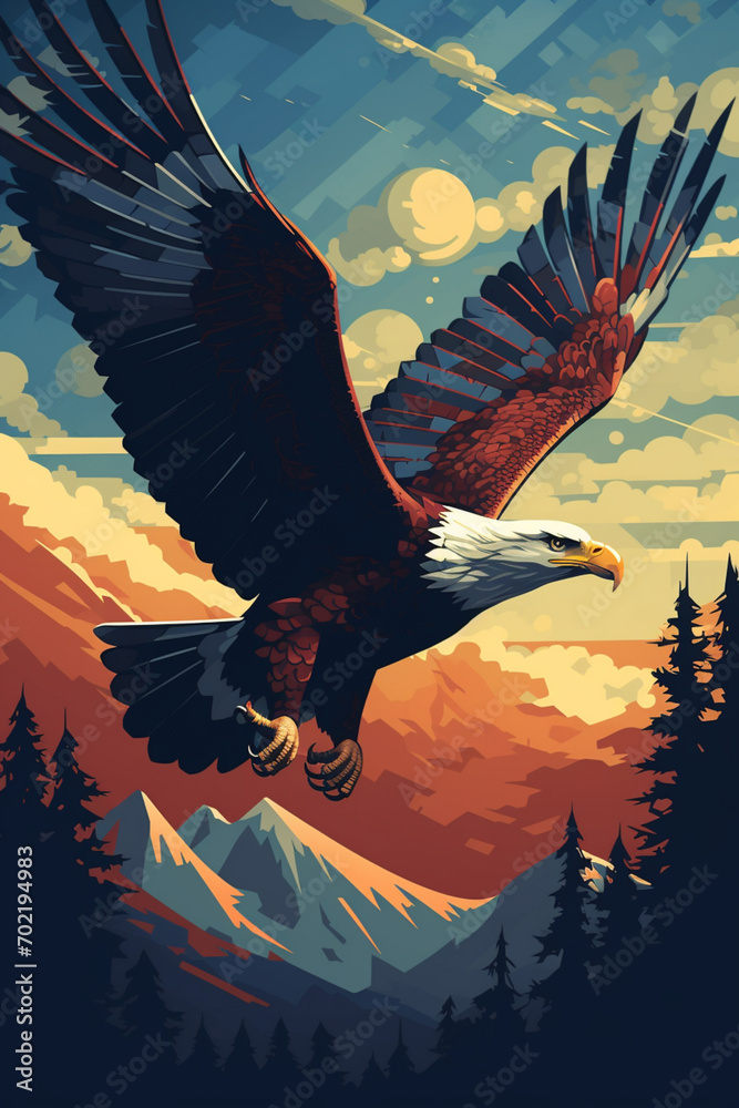 Poster majestic pixel art of an eagle soaring through pixelated skies, combining avian grace with retro gra