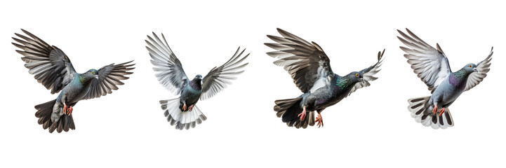 A set of single pigeons flying isolated on a transparent background in the top view. PNG