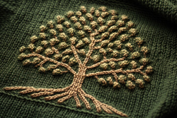 A flat-knitted forest green woolen cloth with a brown and beige oak tree pattern, integrated into the knitting scheme