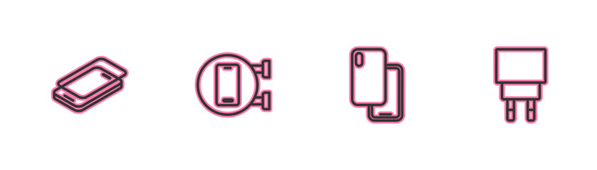 Set line Glass screen protector, Smartphone, Phone repair service and Charger icon. Vector