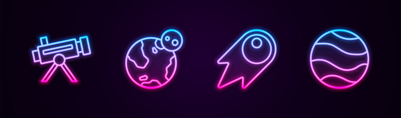 Set line Telescope, Earth globe, Comet falling down fast and Planet. Glowing neon icon. Vector